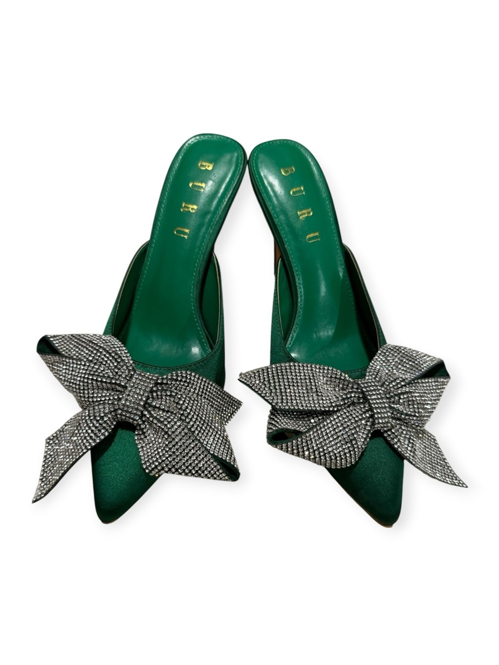 Buru Rhinestone Bow Heeled Mules in Green Satin Size 8.5